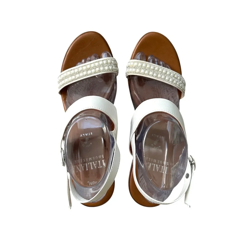 Italian Shoemakers Wedge Sandals Women 10 White Pearl Rhinestone Platform Summer